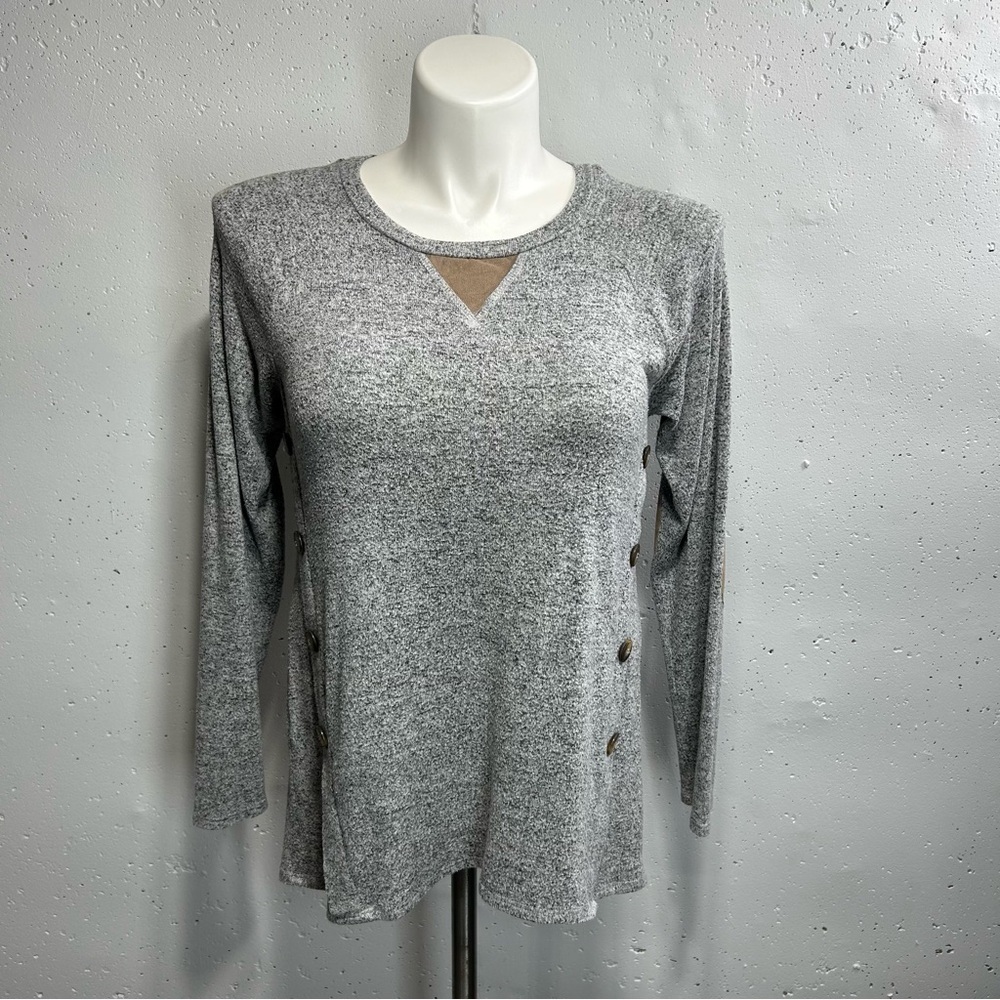 Moa Moa Womne's Gray Brown Lightweight Long Sleeve Elbow Patch Button Tunic L